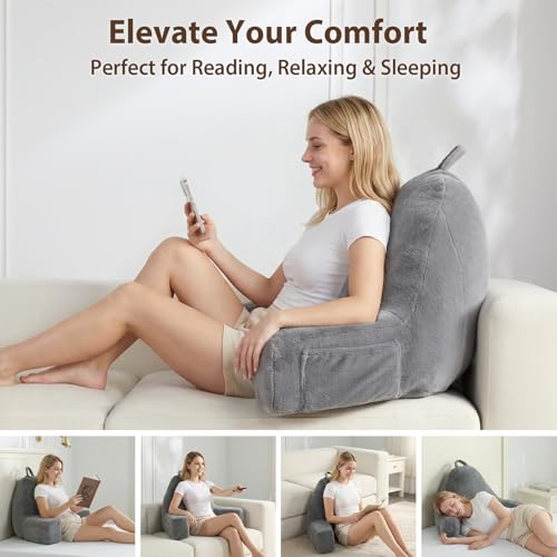 Quilmfoam Reading Pillow for Sitting in Bed Adult – Backrest Pillow with Arms, Back Support Cushion for Reading, TV, Gaming & Working, Includes Pockets and Removable Washable Cover