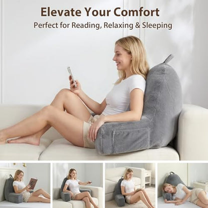 Quilmfoam Reading Pillow for Sitting in Bed Adult – Backrest Pillow with Arms, Back Support Cushion for Reading, TV, Gaming & Working, Includes Pockets and Removable Washable Cover
