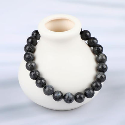 LPBeads Handmade Natural Gemstone Stretch Elastic Bracelet Healing Crystal Round Stone Beads Jewelry Gifts for Women Men - color: Black Larvikite, size: 8mm