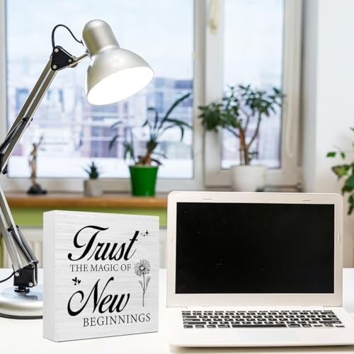 Inspirational Desk Decor for Women, Trust the Magic of New Beginnings Wood Box Sign, Small Motivational Living Room Bedroom Shelves Desk Decor Signs 5x5x1 INCH - style: Trust the Magic