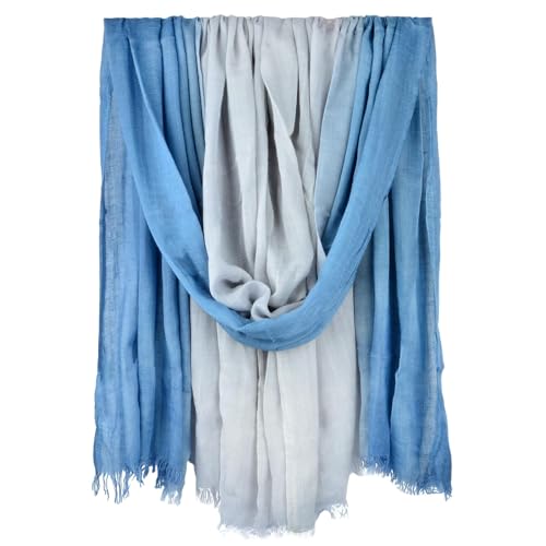 Two-tone Linen Scarf for Women Lightweight Summer Wrap Cotton Shawl Beach Travel Pashmina Gauze 75"×35" - color: Haze Blue/Light Grey