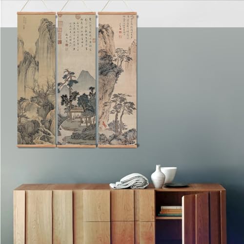 xinyuru Chinese Ancient Landscape Wall Art Poster,Tradition Canvas Printing,Oak Wood Scroll Painting Decor for Bedroom Living room (Landscape 01, 12”x41”x3 Piece)