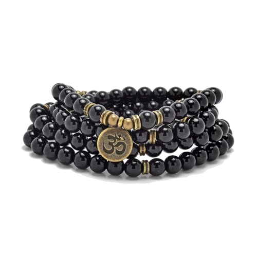 108 Natural Stone Mala Beads Yoga Jewelry Meditation Bracelet Necklace with om Charm - style: Black Agate