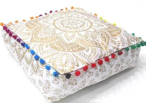 CRAFT KALA 16" Square Large Hippie Mandala Meditation Floor Ottoman Pillow Cushion Pouf Cover Square Poufs Bohemian Circle Floor Cushion Case Outdoor Fireplace Living Decor Cover White Gold Flower - color: White Gold, size: 16"D x 16"W x 5"H