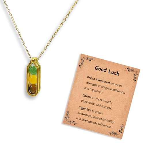 Natural Crystal Necklace Gift for New Beginnings, Crystals and Healing Stones Necklace for Anxiety Relief, Encourage Gift For Women, Mum, Natural Genuine Gemstone, Cheer Up - color: Gold, style: Good Luck