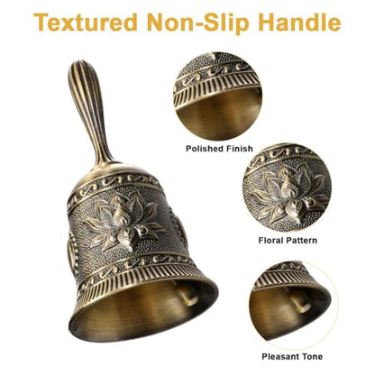 Super Loud Solid Brass Hand Call Bell Lotus Polished Vintage Metal Hand Dinner Bell Call Service Handbell for Bedside Wedding Classroom Meditation