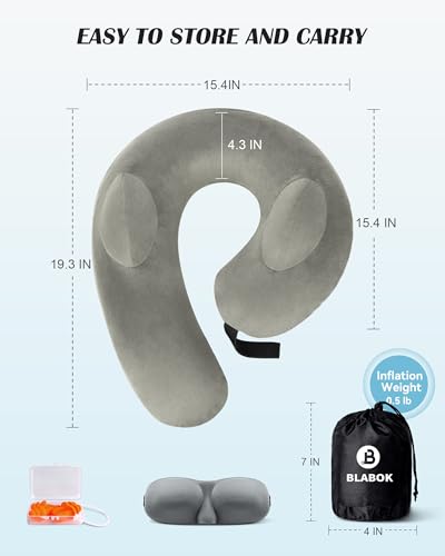 Patented Design Inflatable Travel Neck Pillow – Airplane Neck Pillow with 360° Head & Neck Support, Soft Washable Velvet Cover, Compact Neck Support Pillow for Airplane,Train,Car,Office & Home (Grey) - color: Gery