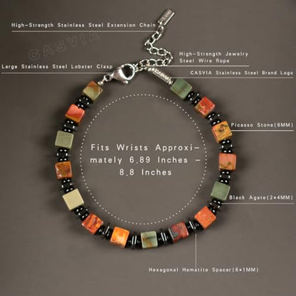 original beaded bracelets for men Picasso jasper mens bracelet with hematite and black onyx spacers stainless steel adjustable chain Handmade Viking style Great for yourself or friends