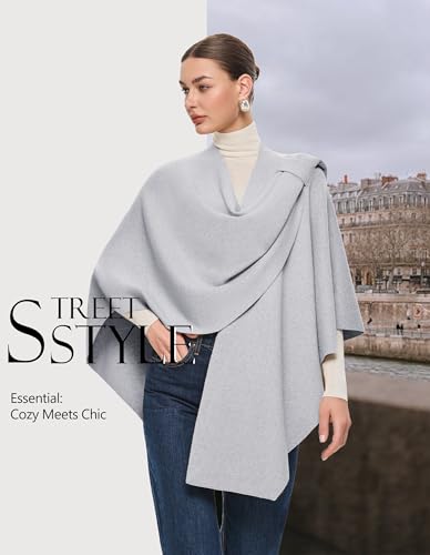 PULI Womens Large Cross Front Poncho Sweater Wrap Topper Knitted Elegant Shawls Cape for Fall Winter - color: Extra Warm Heather Grey
