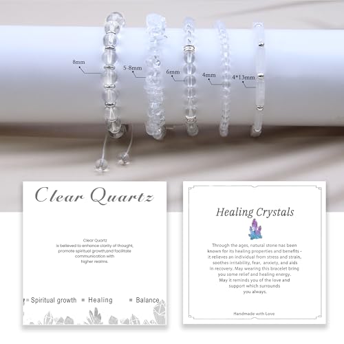 5Pcs Healing Crystal Bracelet for Women Men, Handmade Adjustable Gemstone Bracelets Beaded Reiki Energ Bracelet Set Jewelry Gifts for Women Men - color: Clear Quartz