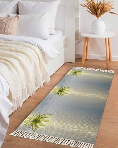 Zen Meditation Lotus Floral Washable Hallway Runner Rug, Carpet Runner for Party, Green Floral Modern Art 2x6 Feet Woven Area Rug with Tassels, Throw Carpet Rug for Hallways Bedroom - size: 2x6FT