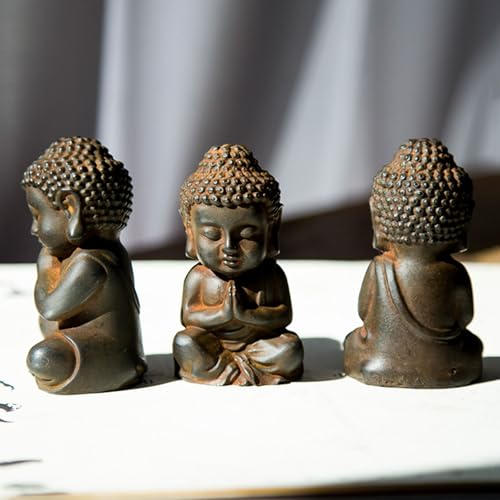 Mini Meditation Buddha Ornament, Solid Cast Iron Figurine, Outdoor Garden Decor Sculpture, Feng Shui Artwork for Home Living Room (Natural Rust,3)