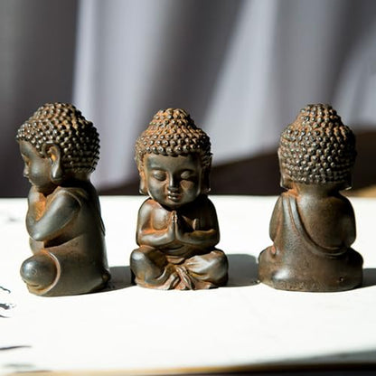 Mini Meditation Buddha Ornament, Solid Cast Iron Figurine, Outdoor Garden Decor Sculpture, Feng Shui Artwork for Home Living Room (Natural Rust,3)