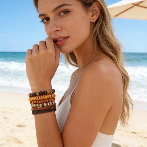HZMAN Wrap Bracelets Men Women, Hemp Cords Wood Beads Ethnic Tribal Bracelets, Leather Wristbands - style: Coconut shell 5 Mix