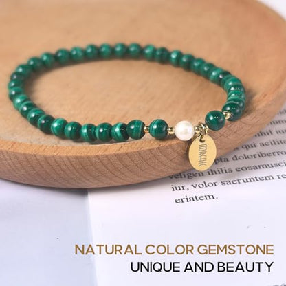 Morchic 4mm Natural Gemstone Beads Stretch Bracelet for Women, With Freshwater Pearls, Energy Gem Birthday Gift for Her 7.2” - color: Malachite