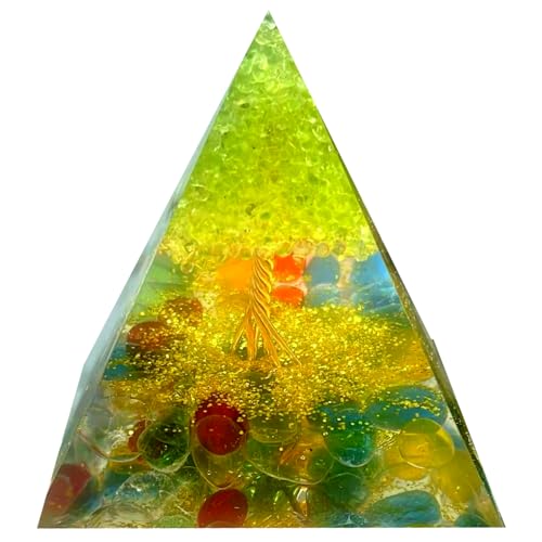 Tree of Life Orgone Pyramid,Natural Colored Glazed&Peridot Orgonite Healing Crystal Pyramid,Crystal Stone Positive Reiki Energy Generator Collection Wealth Lucky Meditation Tool(6cm) - color: Colorful
