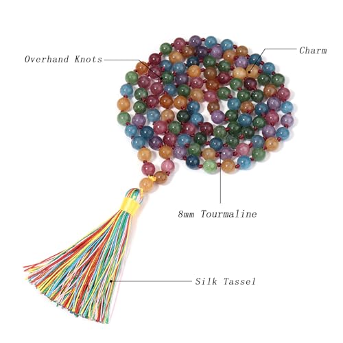 8MM Beads Chakra Long Mala Necklace Natural Stone Meditation Statement Necklace Japa Yoga Buddhist Rosary Prayer Charm Beaded Tassel Necklace - color: Tourmaline