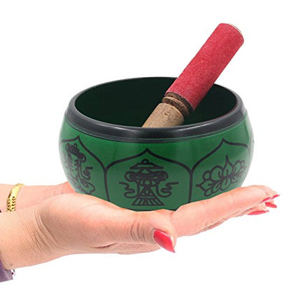 DharmaObjects Yoga Meditation 6 Inches 8 Lucky Symbols Singing Bowl/Cushion/Leather Mallet Gift Set (Green) - color: Green, size: 8 Lucky Symbol