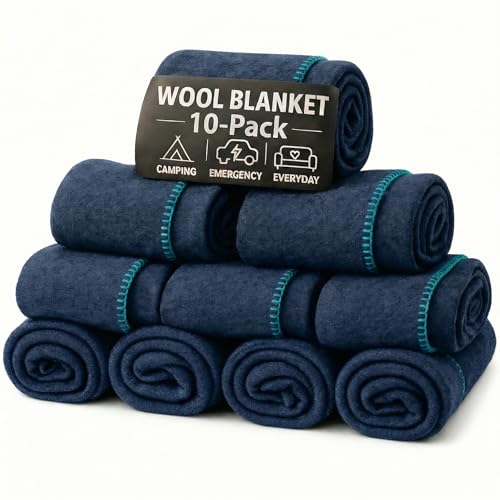 Wool Camping Blanket 10-Pack - 70% Wool Heavy-Duty Military Style Throw, Warm & Washable, Fire Retardant Cover for Emergency, Survival & Outdoor Use - For Camping, Car, Home & Hiking, Navy 62x84 - color: Navy, size: 62x84 - 10 Pack