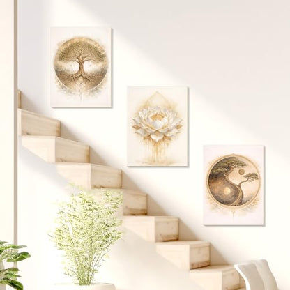Bnesi 3-Piece Zen Wall Art Set Tree of Life & Lotus Flower Wall Art Large Wall Art for Living Room Tree Art & Tree of Life Wall Art Ideal Artwork for Walls Stylish Wall Decor Art (Classic)