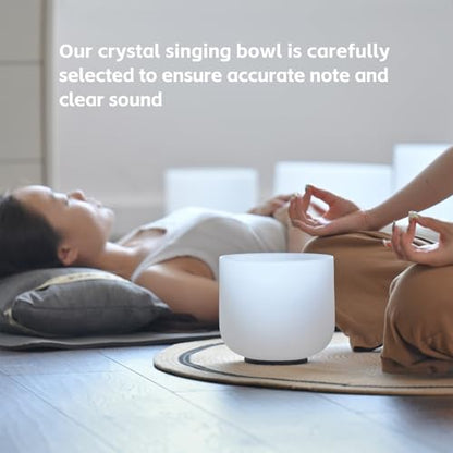 432HZ 7 Inch F Note Heart Chakra Frosted Quartz Crystal Singing Bowl Meditation Therapy Sound Healing Bowl with Mallet O-ring and White Carry Bag - size: 7 inch F