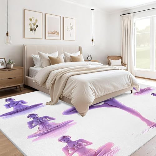 Yoga Poses 8x8 Area Rug - Washable & Non Slip 8' Square Silhouette Rugs, Soft Low Pile Large Accent Carpet - Zen Meditation Rug for Living Room, Bedroom, Dining Room, Office, Home Decor - Soft Purple