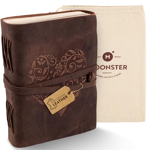moonster Leather Journal with Embossed Heart Shape - Non Refillable 8x6″ Lined Notebook - 400 Pages College Ruled Kraft Paper - Inspirational Small Notebook - Leather Journals for Women - size: 8" x 6"