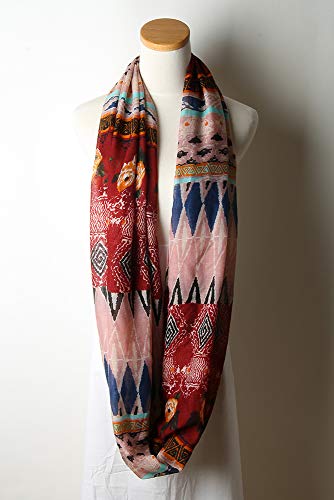 corciova Black Soft Girl Women Infinity Wrap Scarf Stretchy Jersey Knit Sleep Head Circle Scarf Continuous Loop Light Weight - color: Pattern Burgundy and Misty Rose Geometry