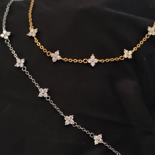 Dainty Moissanite Clover Bracelet for Women, D Color VVS1, Cute Stackable Adjustable 14K Gold/White Gold Plated Bracelet, Non Tarnish Trendy Waterproof Jewelry, Friendship Love Gift for Her