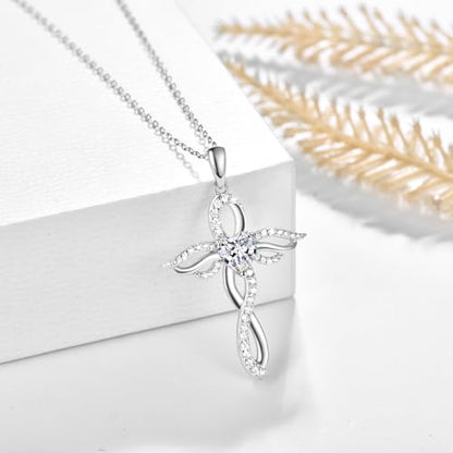 TANGPOET Angel Wings Necklace for Women 925 Sterling Silver Guardian Angel Pendant, Heart Cross Birthstone Necklace, Birthday Jewelry Gifts for Her - style: 4-April White Diamond