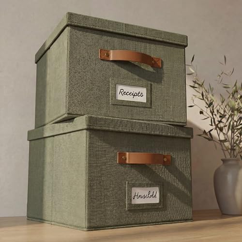 ZICOTO Decorative File Organizer Box Set of 2 - Collapsible Linen Filing Cabinets w/Handles Are Perfect to Store all Your Documents & Hanging File Folders - Portable Easy Slide Crates with Lid - color: Sage Green