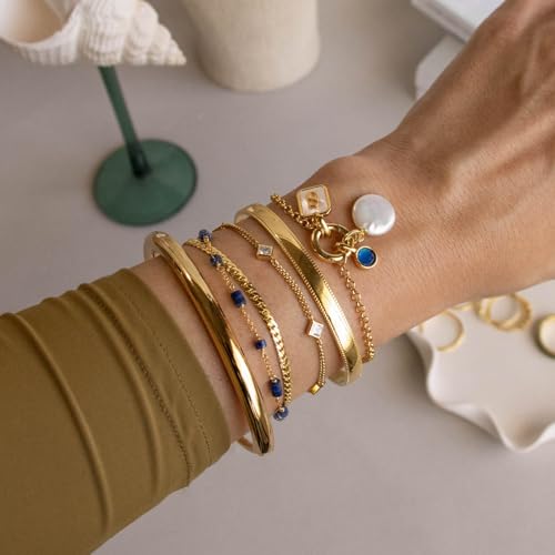 CAITLYNMINIMALIST 18K Gold Plated Silver Open Bangle Cuff Trendy Stacking Bracelet Gift for Women - color: 01-Alyssa Gold