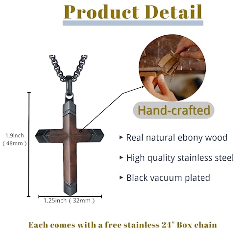 Cross Necklace for Men, Real Ebony Wooden Mens Cross Necklace Black Stainless Steel Christian Handmade Wood Pendant for Men, 24 Inch Box Chain - color: Black Cross Necklace