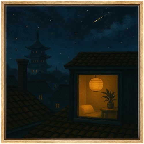 SIGNWIN Framed Canvas Print Wall Art Zen Rooftop Lantern Night Serene Asian-Inspired Illustrations Fine Art Farmhouse/Country for Living Room, Bedroom, Office - 16"x16" NATURAL - color: BS18-2507-SAR14, size: 16L" x 16W"