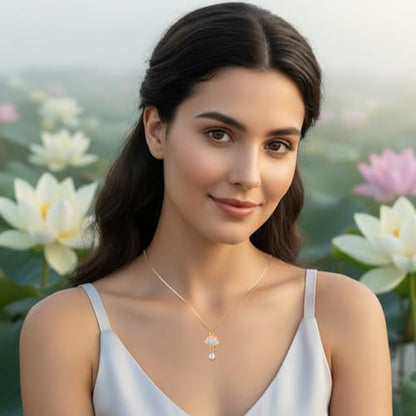 Lotus Flower Necklace for Women, Gold Chain with Lotus Pearl Pendant Meditation Yoga Relaxation Jewelry Gift - style: Blue-Lotus Gold