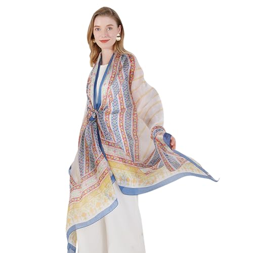 DANA XU Women's 100% Mulberry Silk Pashmina Shawl and Wraps Extra Large Floral Scarf for Evening Dresses, Soft Oversized - color: Beige Orange Stripe