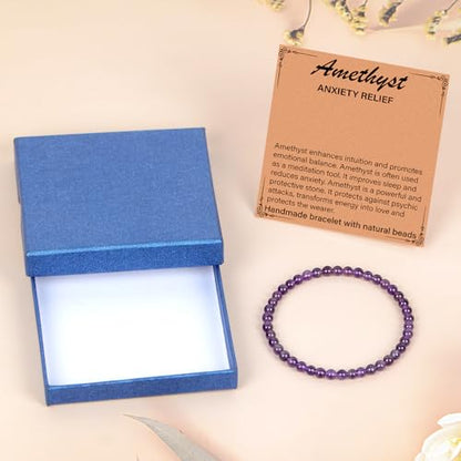 LPBeads Handmade Natural Gemstone Stretch Elastic Bracelet Healing Crystal Round Stone Beads Jewelry Gifts for Women Men - color: Amethyst, size: 4mm