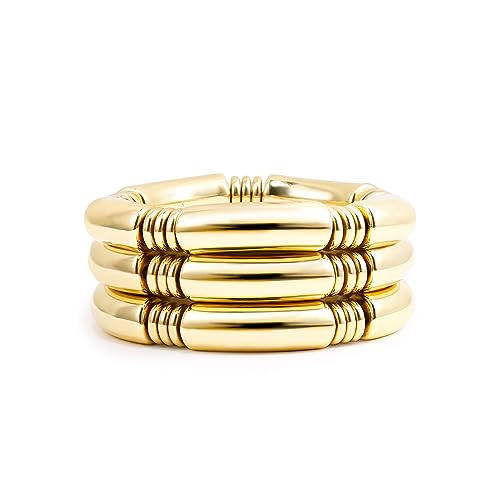 Gold Chunky Bangles Bracelets For Women 14k Gold Plated Stack Layered Curved Bamboo Tube Stretch Bracelets Gift Jewelry - color: 3pcs Gold