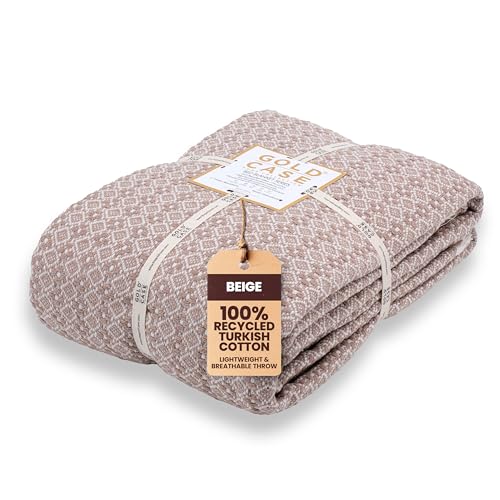 Gold Case Throw Blanket for Bed - 100% Recycled Turkish Cotton Blanket - Retro Lightweight Soft Throw Blankets for Bed & Living Room - Queen Size Cozy Blankets - 90x90 - Beige - color: Retro Beige, size: 90x90"