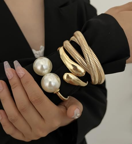 Chunky Gold Bangle Bracelets for Women, Dainty 14k Gold Plated Big Stackable Bangles Set, Trendy Statement Cuff Bracelet Stack Fashion Jewelry Gifts - style: Big pearl bangles