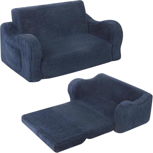 MOMCAYWEX Kids Sofa, 2-in-1 Flip-Out Foam Couch with Soft Sherpa Cover, Cozy Play Lounge Chair, Extra Wide, Dark Blue - color: Dark Blue, size: Large