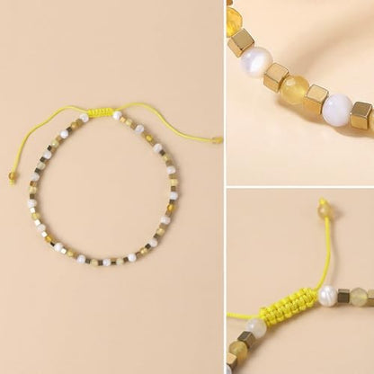 Natural Stone Adjustable Charming Bracelet for Women, 3mm Shell Gemstone Hematite Beads, Pull String Slider Metal Free Design Waterproof, Gift for Her Daily Wear