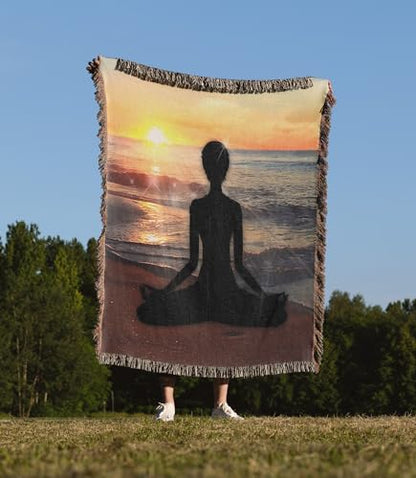 3dRose Meditation on The Beach Yoga Woman in Lotus Position at Sunset Woven Blanket