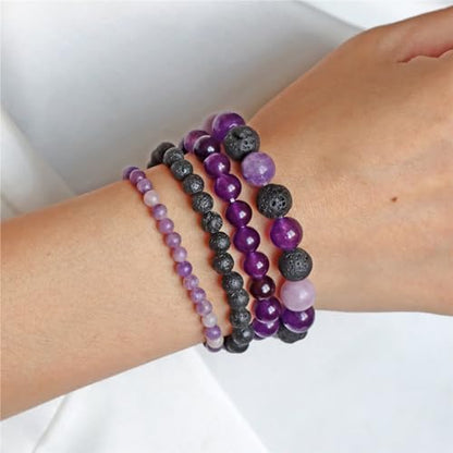 4pcs Beaded Bracelets for Women,Natural Healing Crystal Gemstones Bracelet,Anxiety Stress Relief Bracelet Handmade purple Jewelry Gifts for Women - color: Lepidolite&Lava Rock&Amethyst
