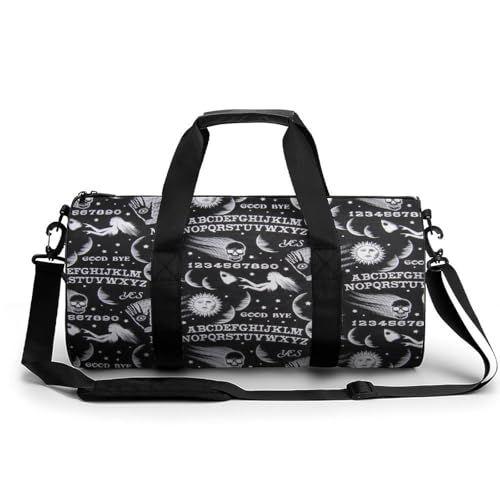 Skull Moon Sun Gothic Witch Board Seamless Black Cylindrical Portable Fitness Bag, Large Capacity Handbag - color: skull moon sun Gothic Witch Board Seamless bl