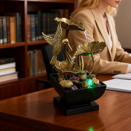AOZITA Tabletop Fountain, Indoor Waterfall Fountain, Small Home Décor Zen Relaxation Soothing Sound Machine for Office, Living Room, or Bedroom, Bronze Metal Lotus with Hummingbird, River Rocks, LED - color: Bronze, size: 9.1"