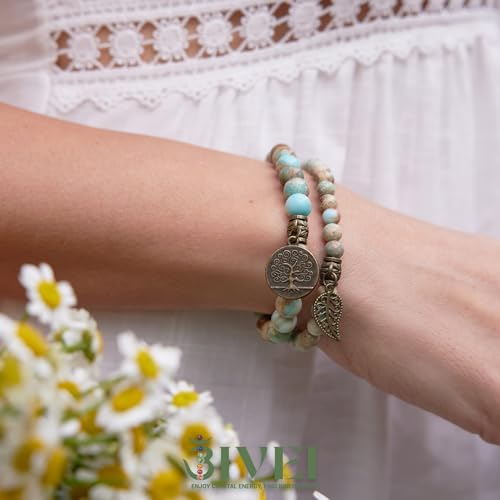 Bivei Natural Semi Precious Gemstone beads bracelet for women - Life Tree and Leaf Charm Energy Reiki Crystal Stretch Bracelets - color: Sea Sediment Bracelet Set, size: Small:6.61-6.7inch