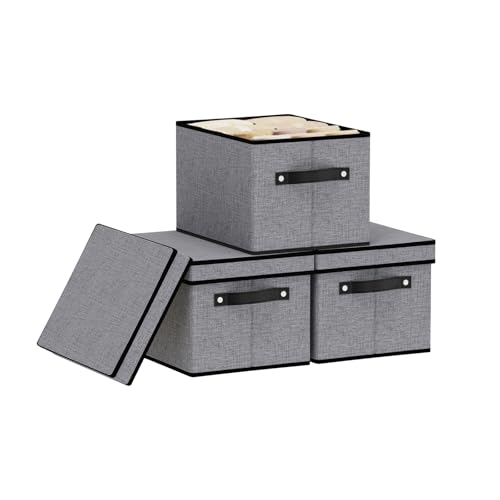 Storage Boxes, 10.2×7.8×6.7 Inch Closet Organizers for Shelves Bedroom Office with Handles, Storage Bins with Lids, Gray, 3-Pack - color: Grey, size: Narrow（3 Pack）
