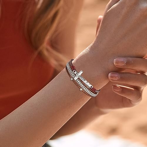 Fesciory Leopard Bracelet for Women, Boho Leather Wrap Multi-Layer Pearl Crystal Bracelet Bangle Jewelry - style: Blessed Cross(Brown)