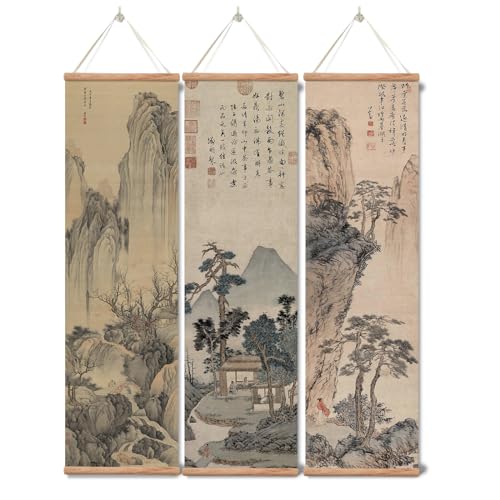 xinyuru Chinese Ancient Landscape Wall Art Poster,Tradition Canvas Printing,Oak Wood Scroll Painting Decor for Bedroom Living room (Landscape 01, 12”x41”x3 Piece)